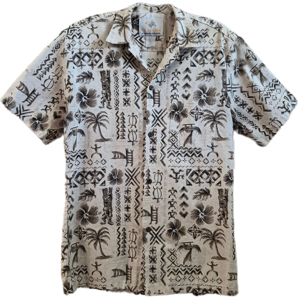 Ho Aloha Men's Hawaiian Shirt Size Medium Brown Vintage Tribal Tropical Tiki